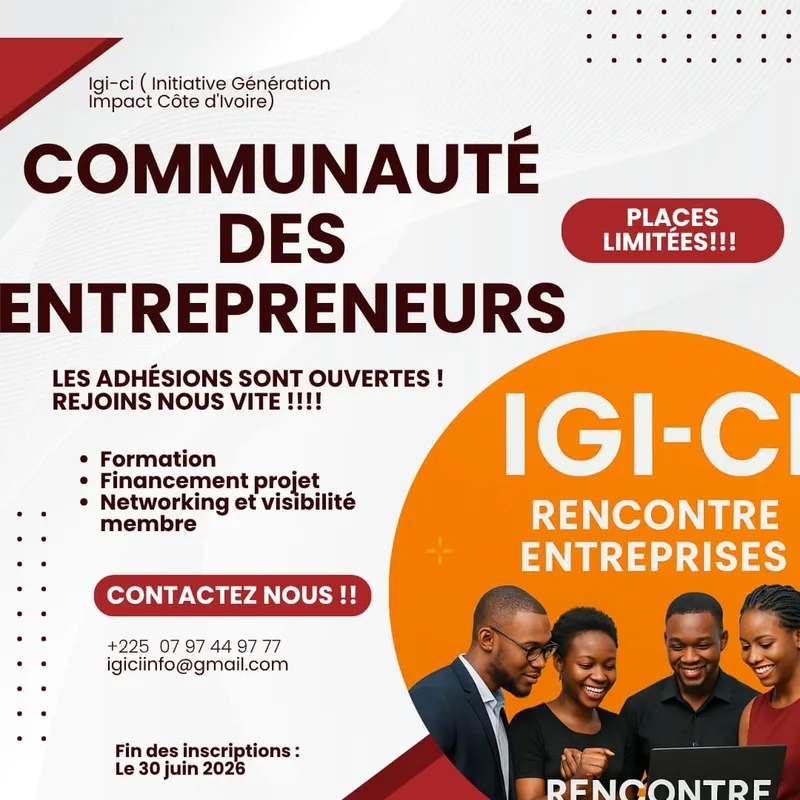 Flyer Igi-ci Rencontre Entreprises : la Communauté des Entrepreneurs ouvre ses adhésions — formation, financement de projet, networking. Places limitées.