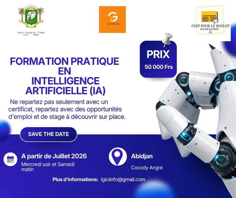 Flyer de la formation pratique en Intelligence Artificielle : 50 000 F, à partir de juillet 2026, mercredi soir et samedi matin à Cocody